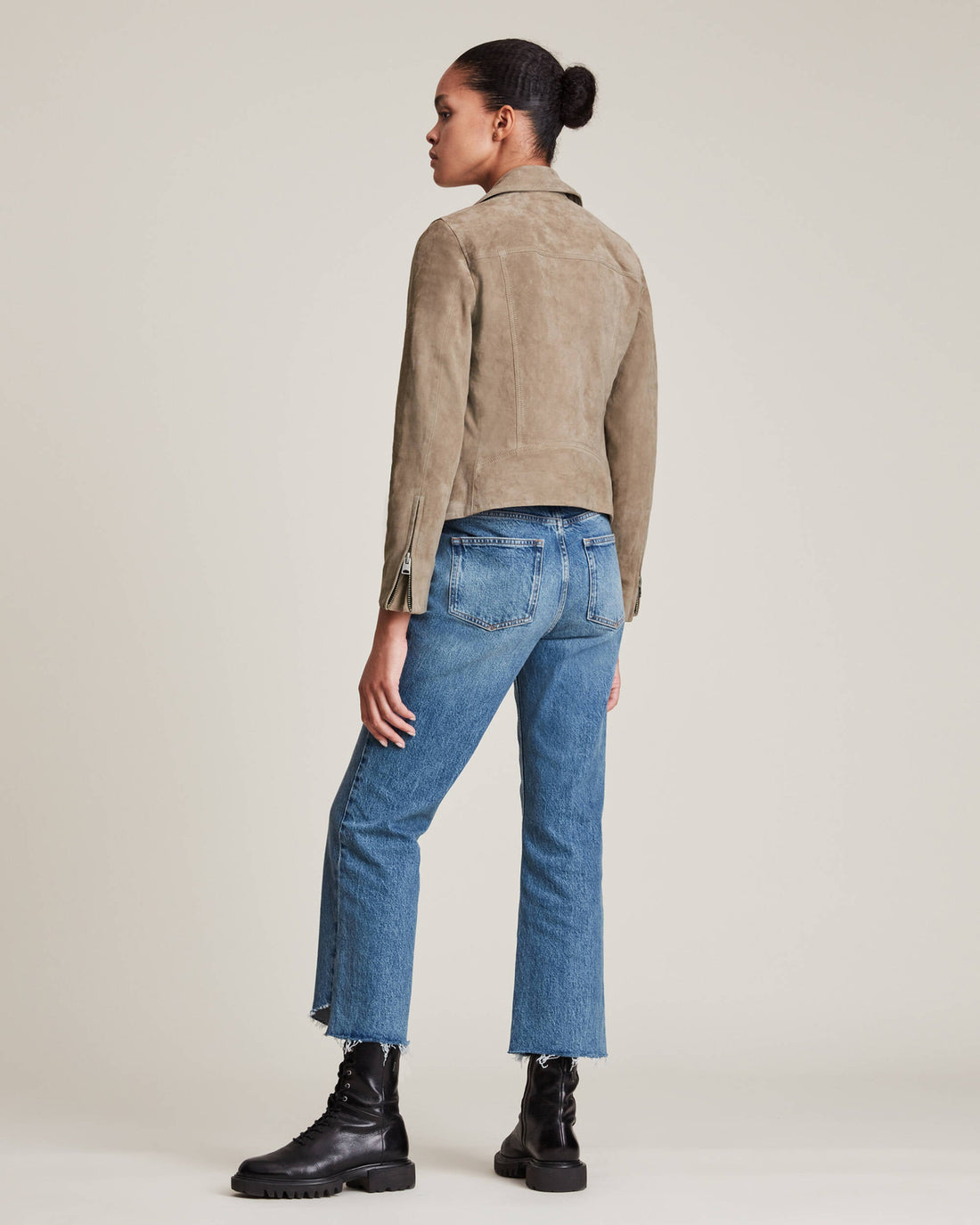 Women’s Tan Beige Suede Leather Biker Jacket – Timeless Moto Elegance