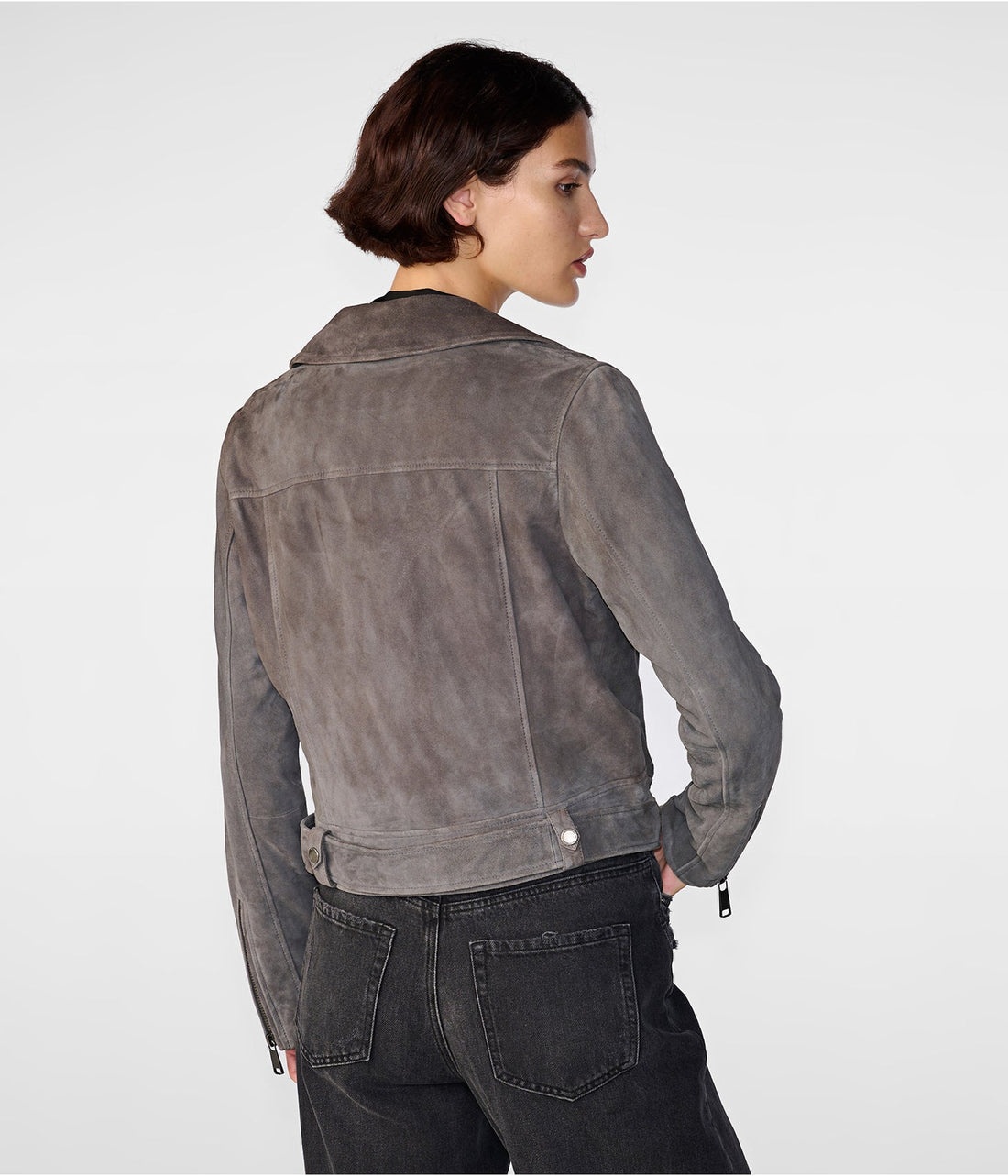 Women’s Gray Suede Leather Biker Jacket – Modern Moto Elegance