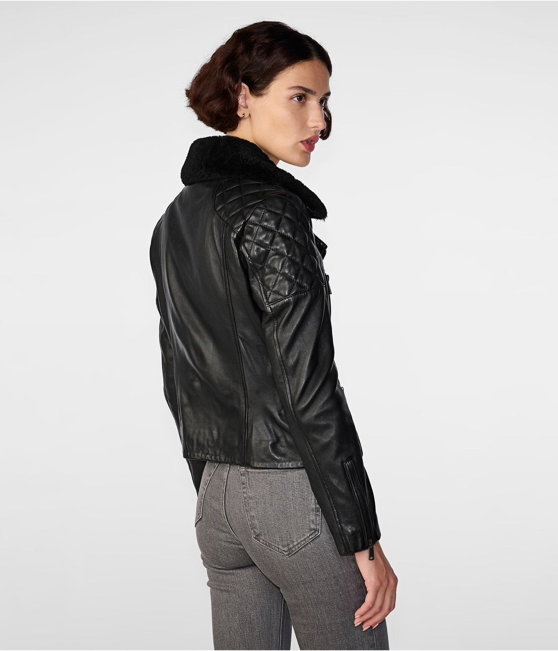 Women’s Black Shearling Leather Biker Jacket – Luxe Winter Moto Style
