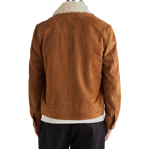 Men’s Brown Suede Leather Trucker Jacket with Fur Collar – Classic & Warm