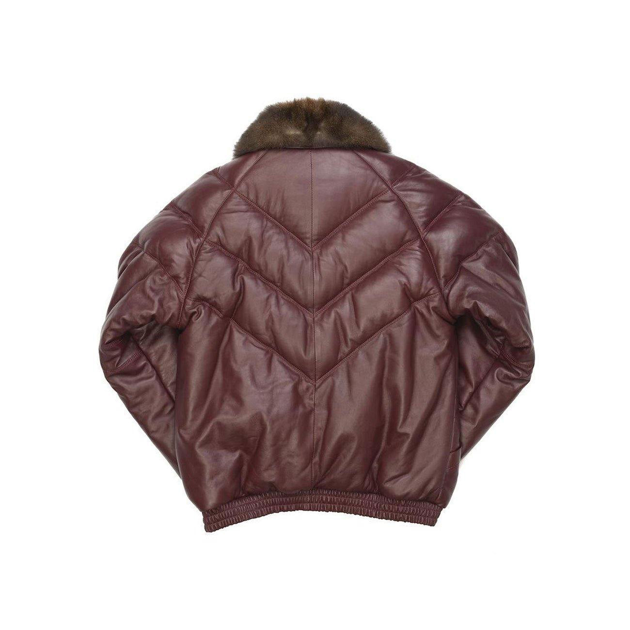 Men’s Burgundy Fur V-Bomber Leather Jacket