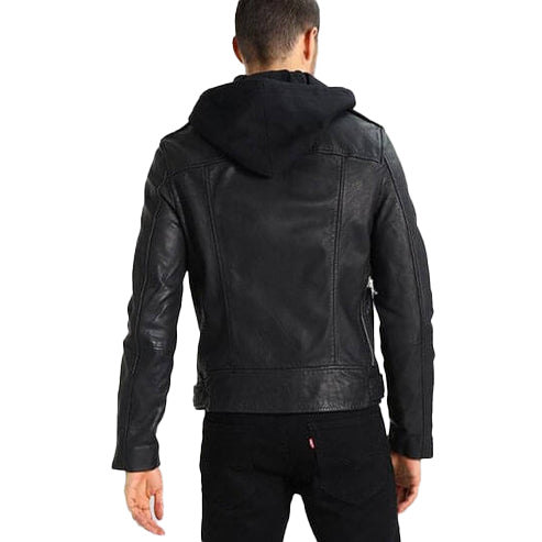 Men’s Lupe Black Leather Jacket with Removable Hood