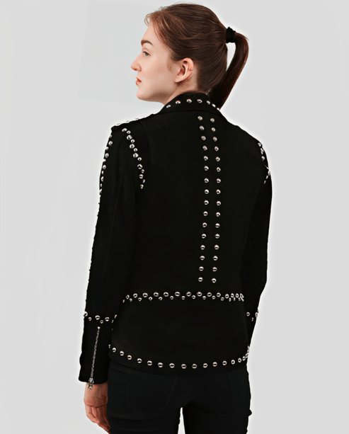 Women’s Black Studded Suede Leather Biker Jacket – Luxe Moto Edge