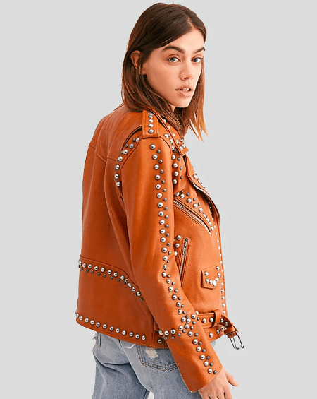 Women's Tan Brown Studded Leather Biker Jacket