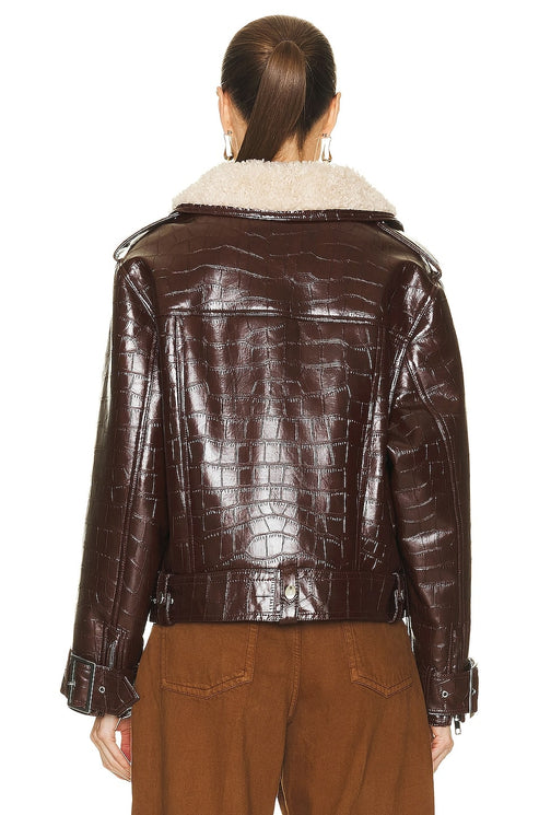 Women’s Dark Brown Crocodile-Textured Shearling Leather Biker Jacket – Luxe Winter Moto
