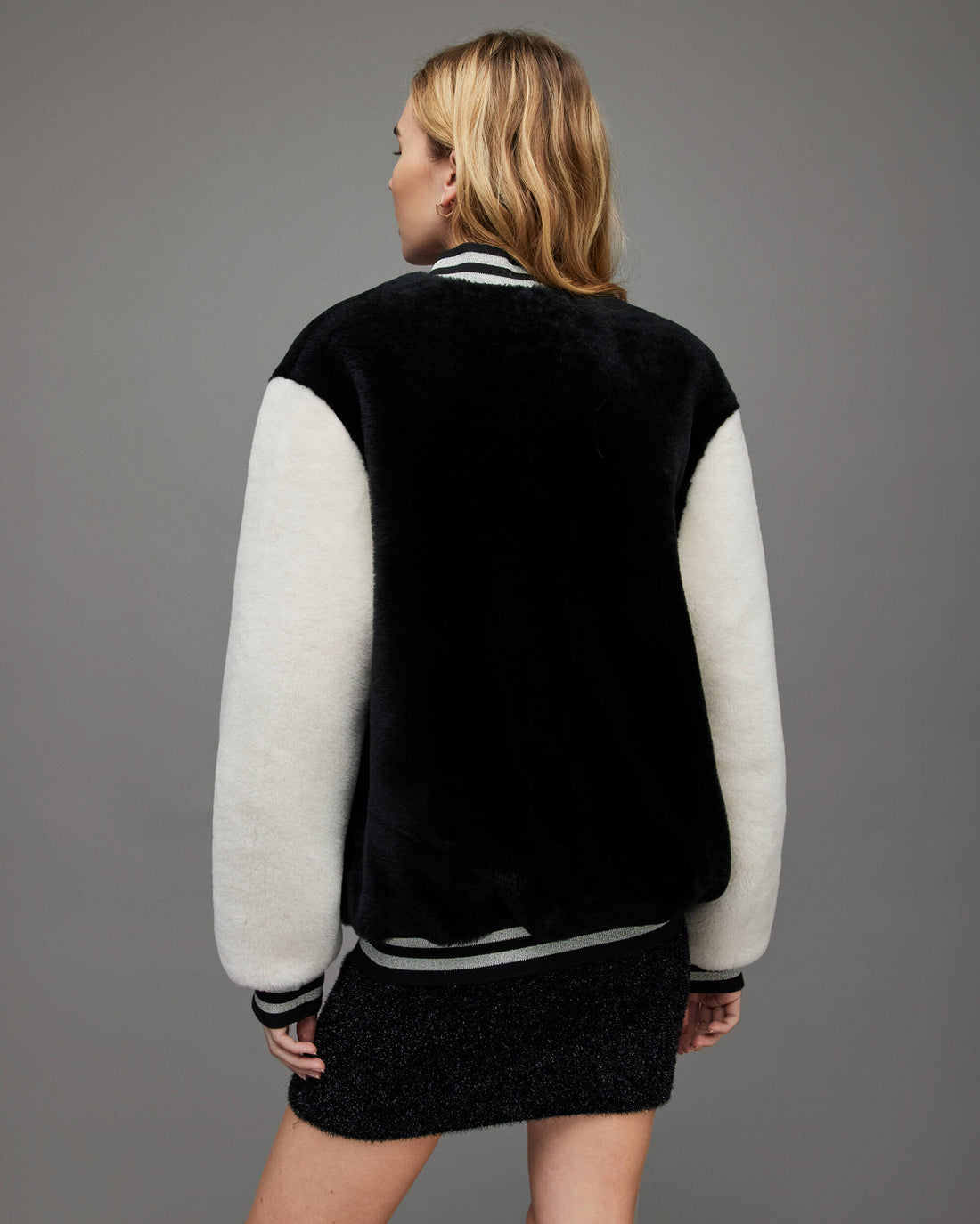 Women’s White & Black Shearling Bomber Jacket – Premium Warm Style