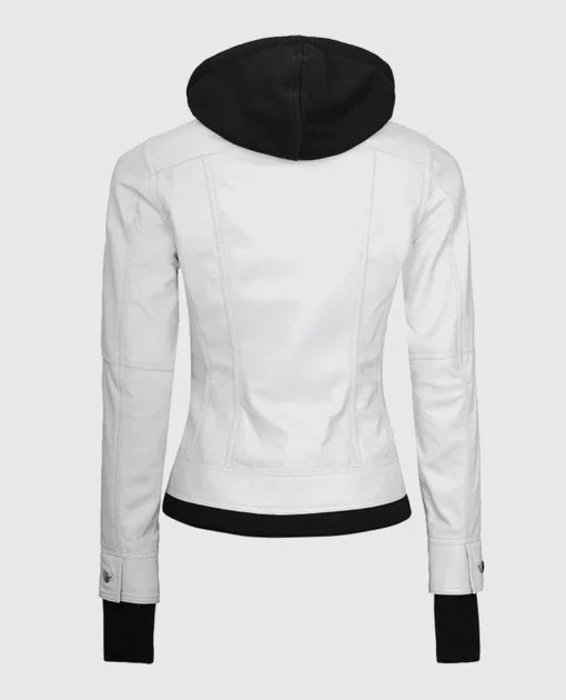 Women’s White Leather Jacket with Removable Hood