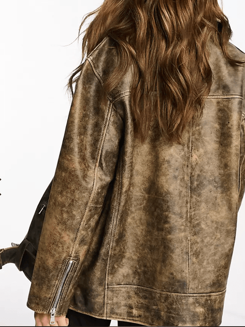 Bravo Bros Women’s Distressed Black Biker Leather Jacket with Belt