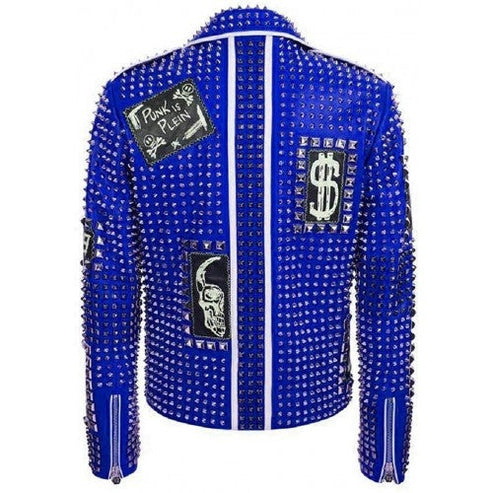 Men’s Blue Spiked Patchwork Moto Jacket