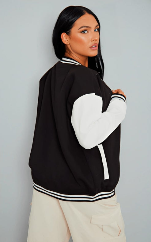 Women’s Black Leather Varsity Bomber Jacket – Premium Street Style