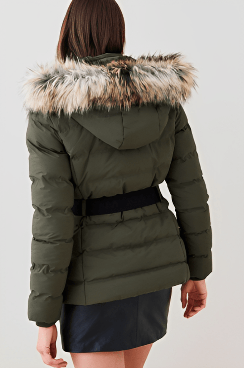 Women’s Khaki Green Puffer Jacket with Fur Hood – Elegant Warmth by Bravo Bros