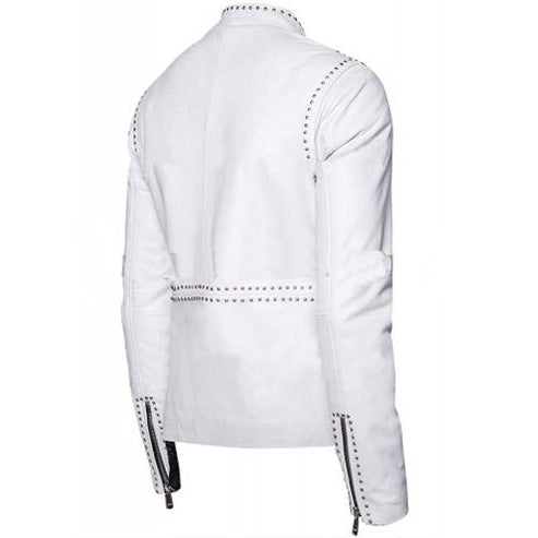 Men’s White Studded Brando Biker Leather Jacket