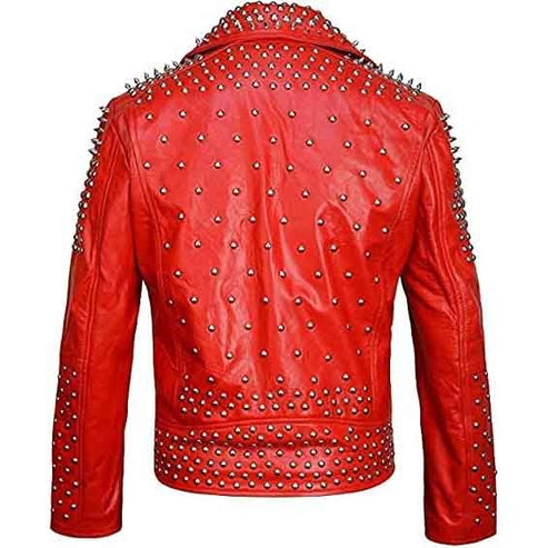 Men’s Red Spiked Punk Leather Biker Jacket