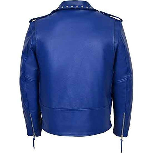 Men’s Blue Studded Designer Leather Jacket with Waist Belt