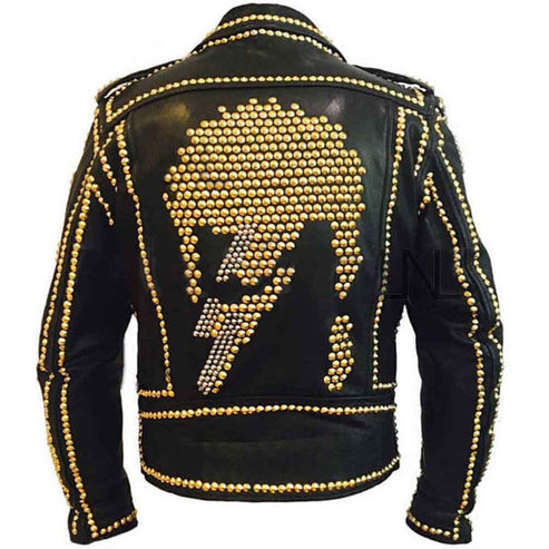 Men’s Black Punk Spiked Leather Jacket – Gold Studded Edition