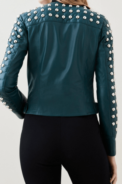 Bravo Bros Women’s Jade Green Quilted Studded Leather Jacket
