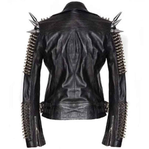 Men’s Black Longline Leather Jacket with Silver Spikes