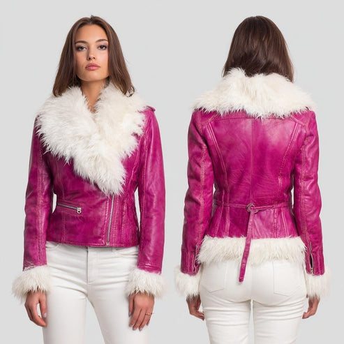 Bravo Bros Women’s Pink Leather Jacket with Real Fur Collar & Cuffs