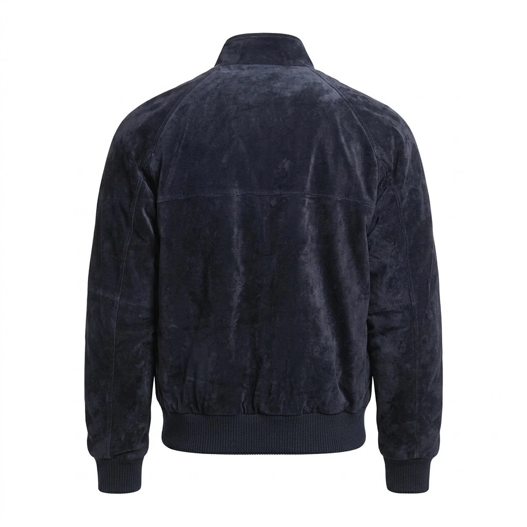 Bravo Race Wears Admiral Navy Blue Suede Leather Bomber Jacket front view with button collar