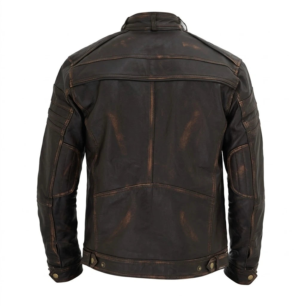 Bravo Race Wears Men’s Distressed Brown Cafe Racer Jacket front view with snap tab collar