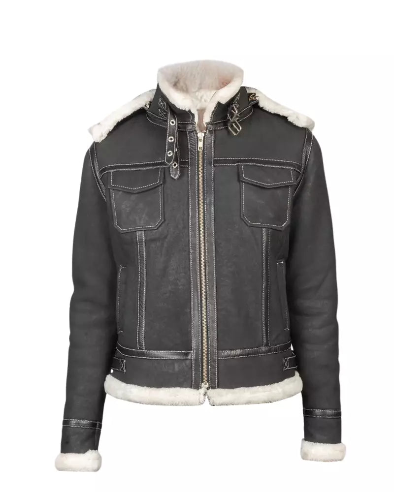 Women’s Black Hooded Shearling Leather Jacket