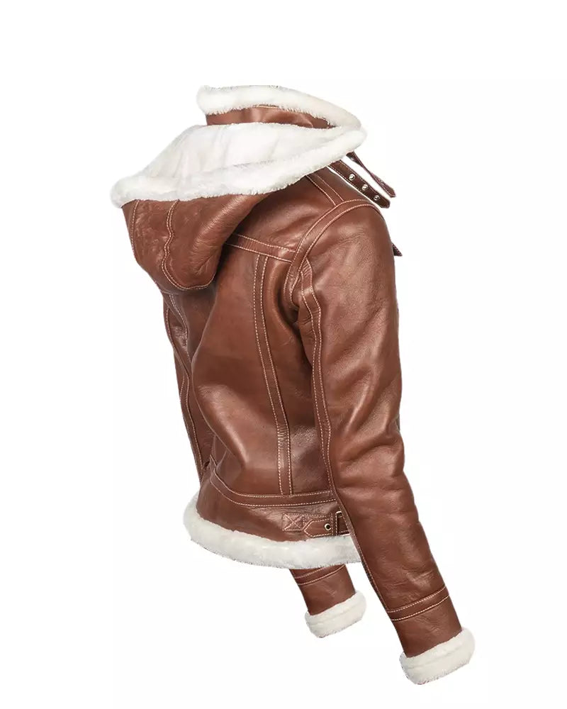 Women’s Brown Hooded Shearling Leather Jacket