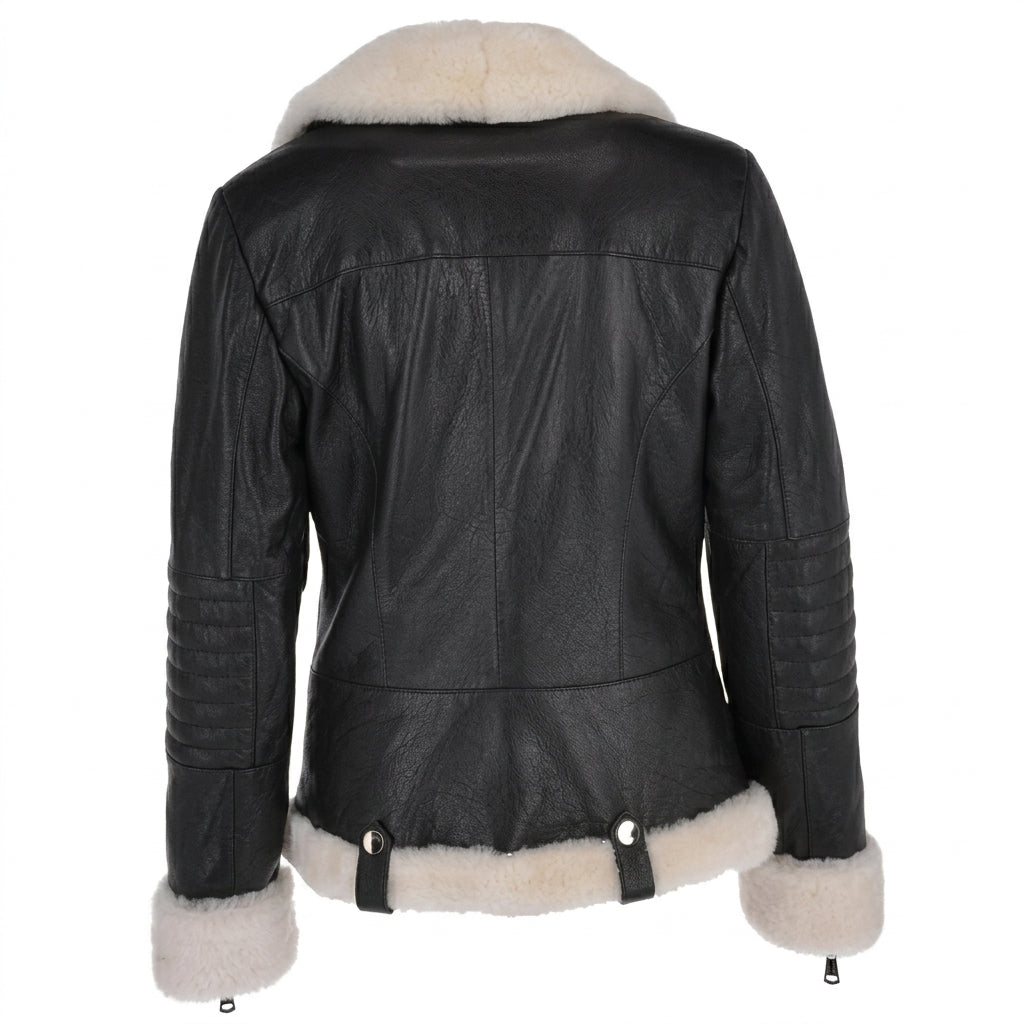 Women's black shearling biker leather jacket front view showing contrast white fur lapel, asymmetrical zipper, and zippered pockets.