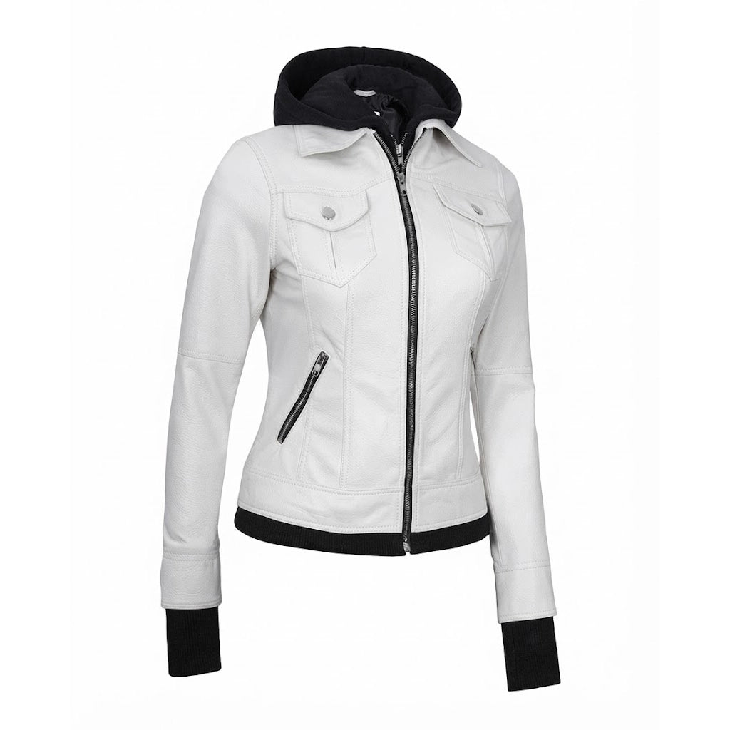 Women's white leather jacket with removable hood front view showing contrast black hood and chest pockets.