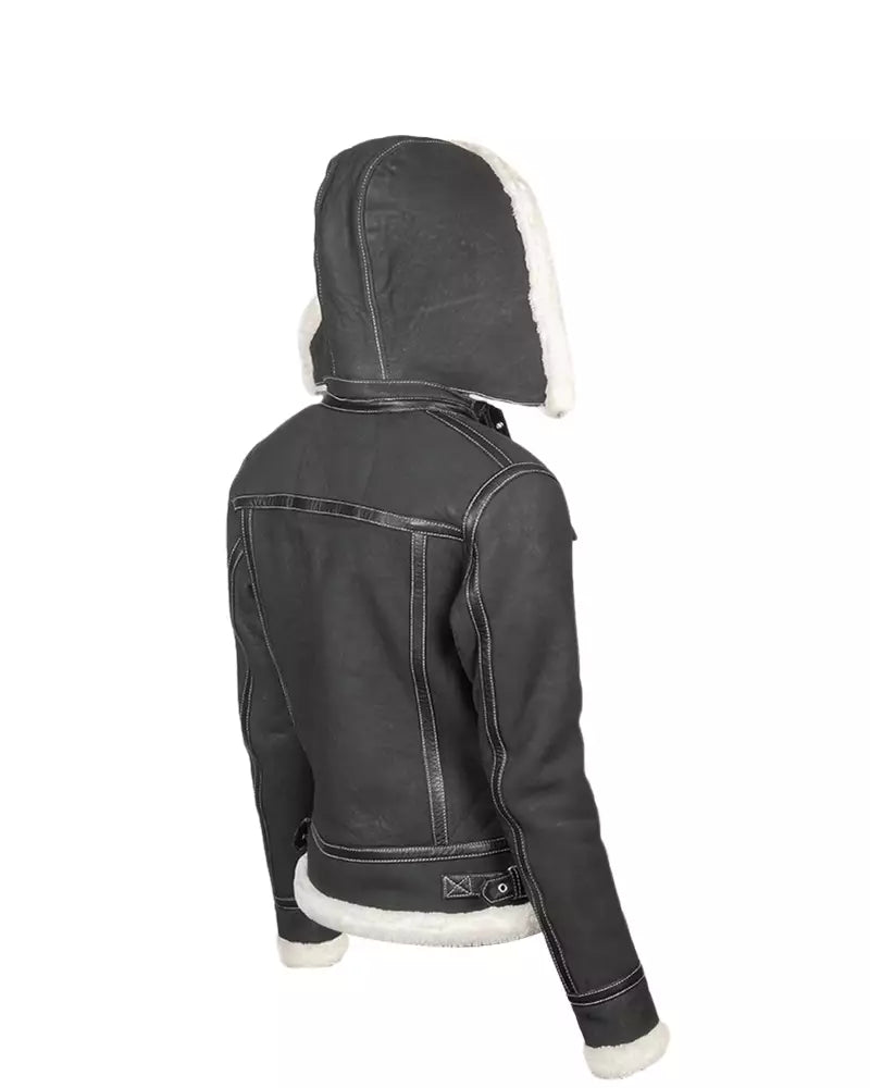 Women’s Black Hooded Shearling Leather Jacket