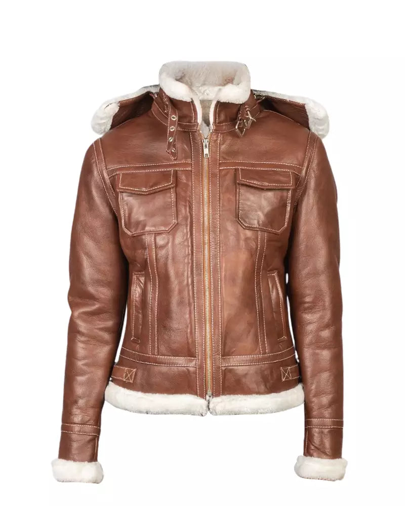 Women’s Brown Hooded Shearling Leather Jacket