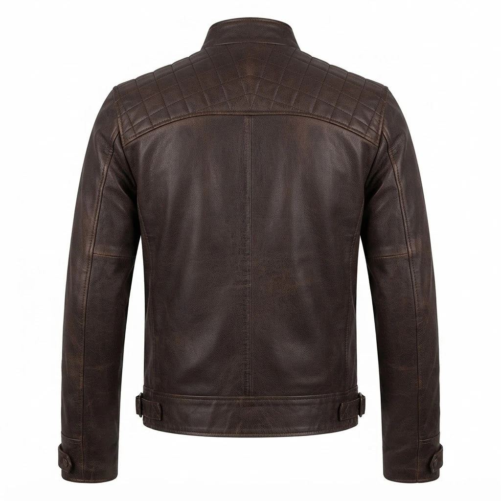 Claude Quilted Distressed Brown Leather Jacket front view featuring genuine distressed brown leather, mandarin snap collar, quilted shoulders, and zip pockets