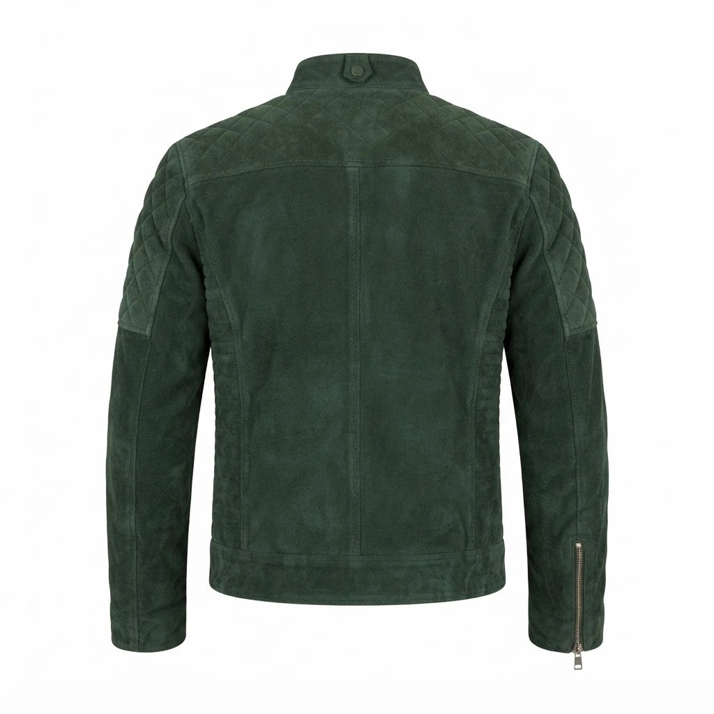 Fernando Quilted Green Suede Biker Jacket front view featuring genuine green suede, diamond-quilted shoulders, stand collar, and zipped pockets