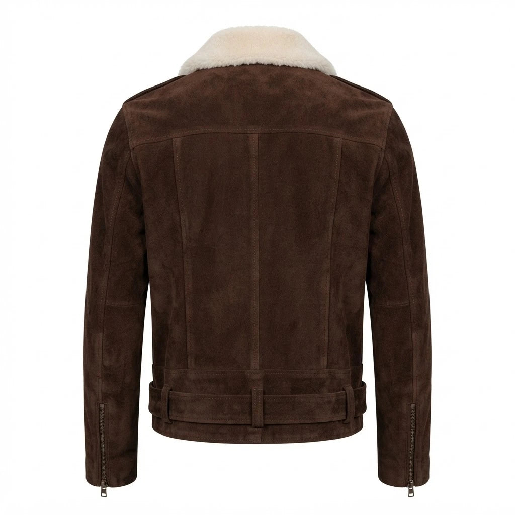 Furton Mocha Suede Biker Jacket front view featuring genuine mocha brown suede, contrast white shearling collar, asymmetrical zipper, and waist belt