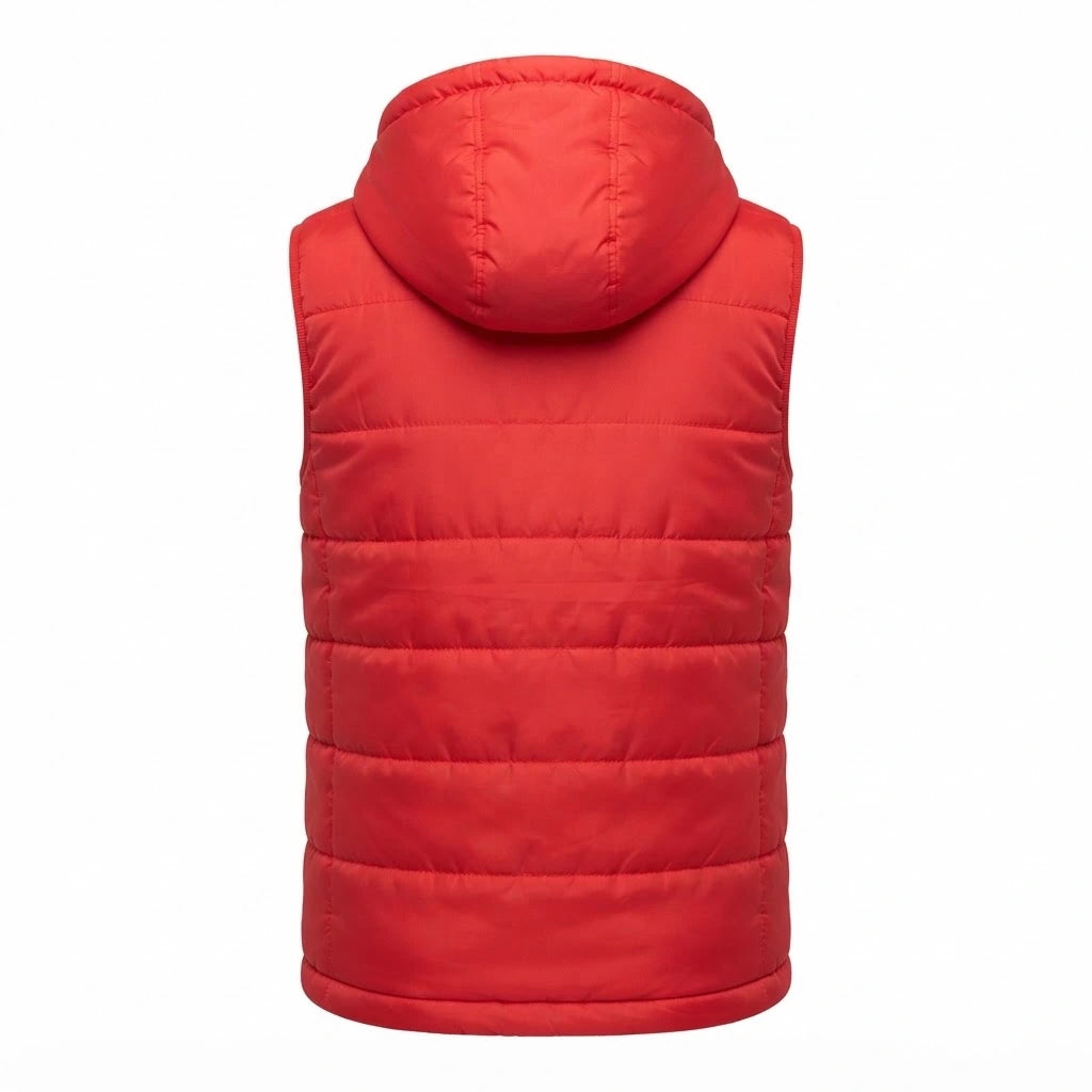 Fuston Red Hooded Puffer Vest front view featuring vibrant red insulated quilting, protective hood, and zip-front closure