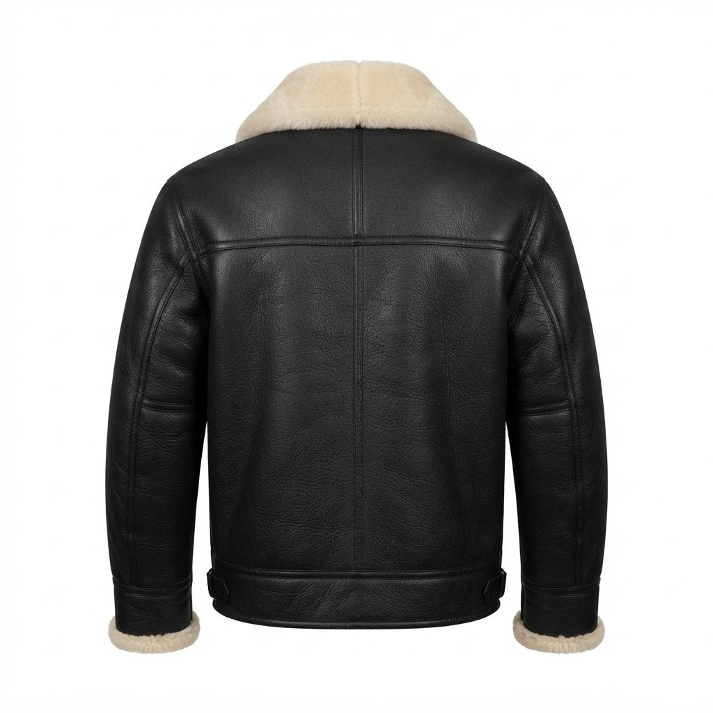 Men’s Black B3 Shearling Leather Bomber Jacket front view featuring genuine black leather, plush contrast shearling collar, buckle throat latches, and front zip closure