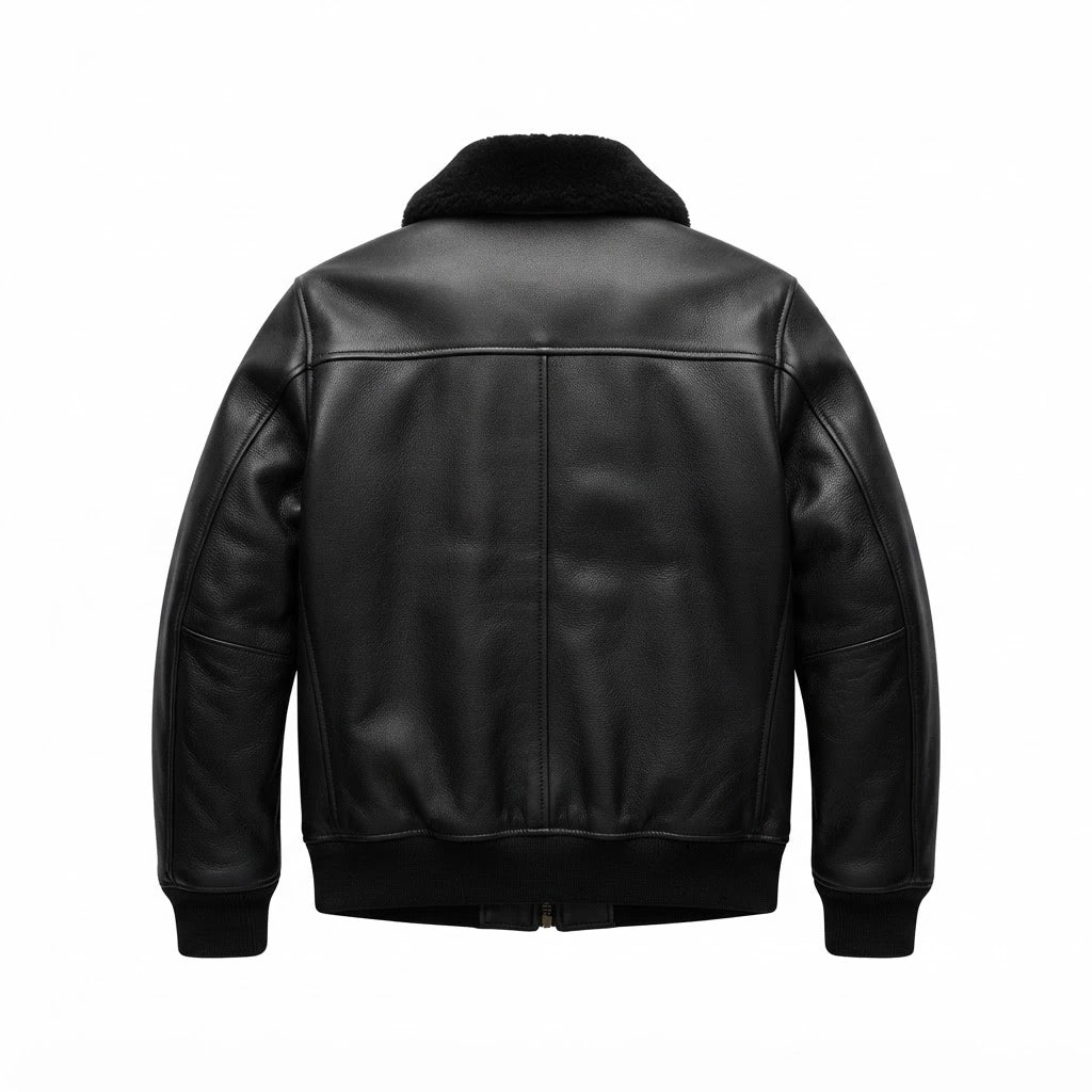 Men’s Black G-1 Flight Leather Bomber Jacket front view featuring genuine black leather, black shearling collar, dual patch pockets, and ribbed trim