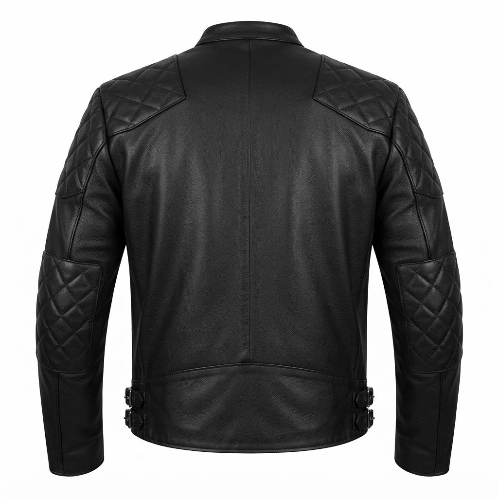 Men’s Black Quilted Retro Biker Leather Jacket front view featuring genuine black leather, mandarin snap collar, quilted shoulders, and zip pockets