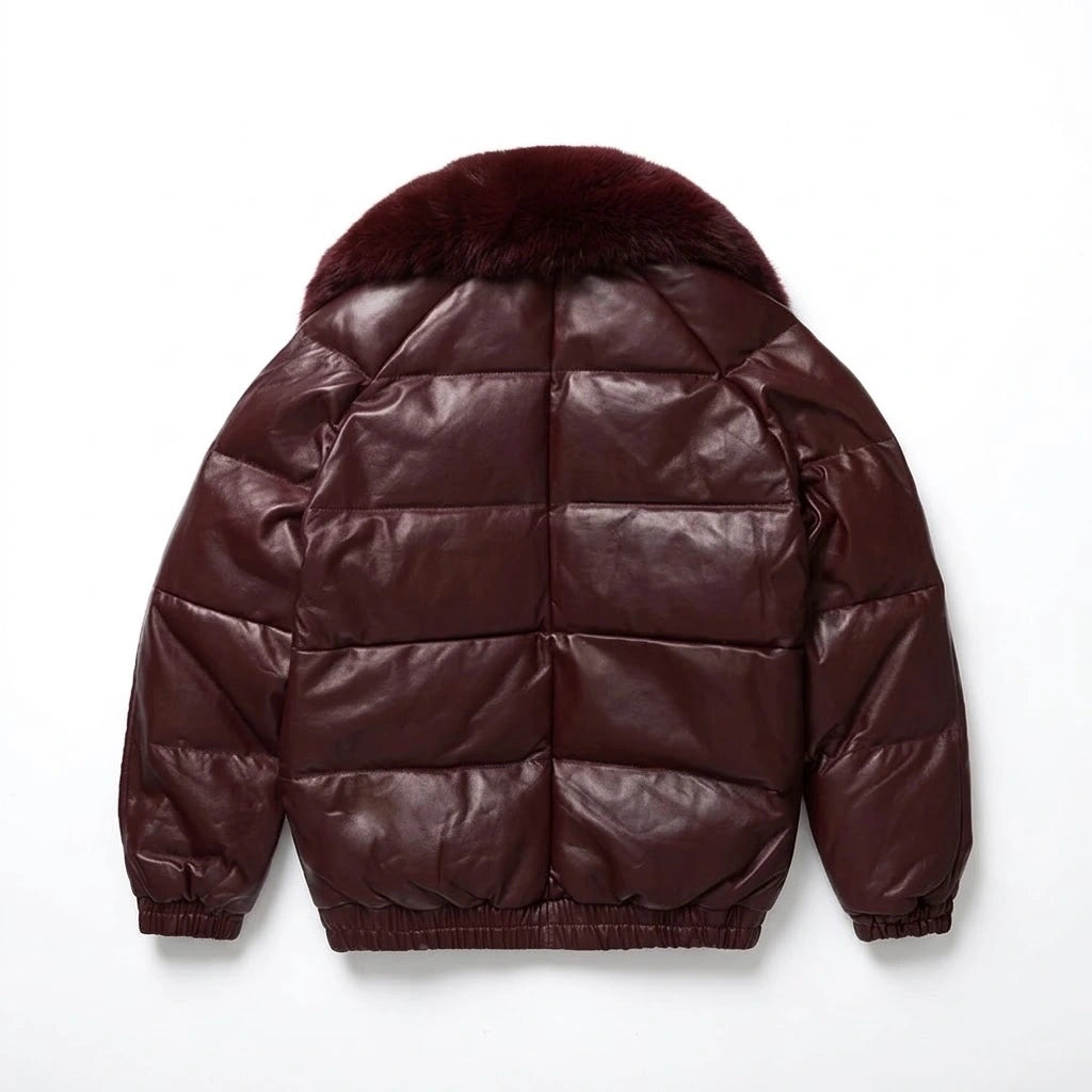 Men’s Burgundy Leather V-Bomber Jacket with matching burgundy fur collar
