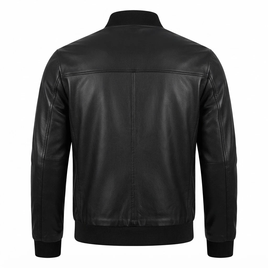 Men’s Classic Black Lambskin Leather Bomber Jacket front view featuring soft black lambskin, full-zip front, slanted pockets, and ribbed trim