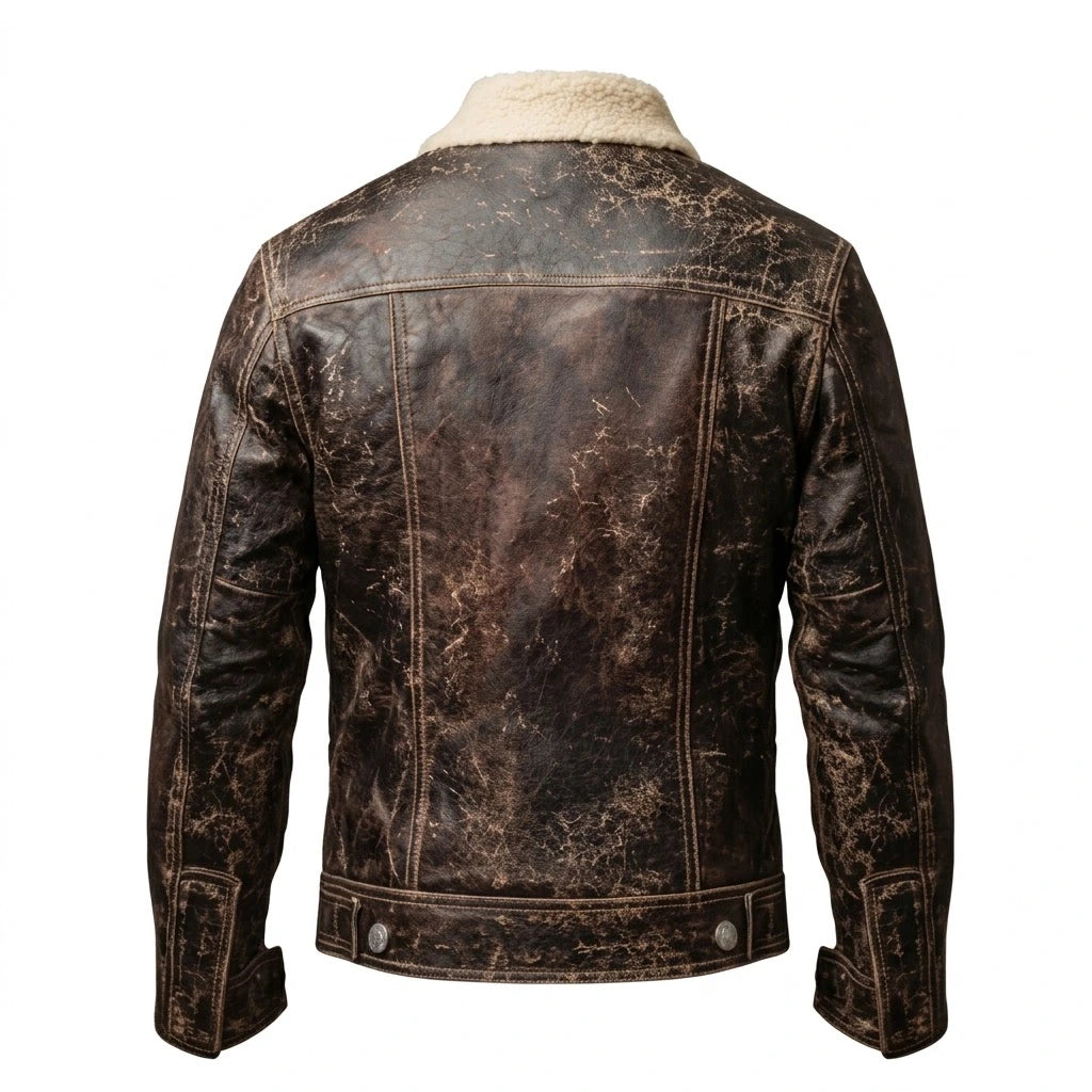 Men’s Distressed Brown Leather Shearling Jacket front view with cream fleece collar and button closure