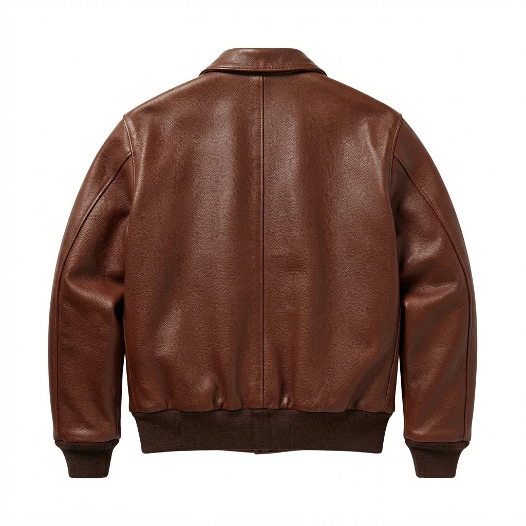 Men’s Lambskin Brown A2 Leather Bomber Jacket front view featuring soft brown lambskin, shirt collar, dual patch pockets, and ribbed trim