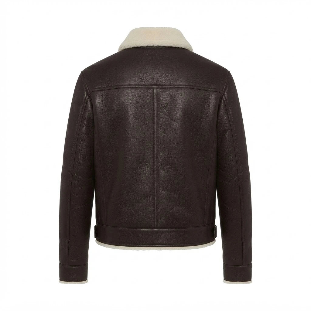 Men’s Urban Streetstyle Shearling Jacket front view featuring dark brown genuine leather, contrast shearling collar, snap placket, and zip pockets
