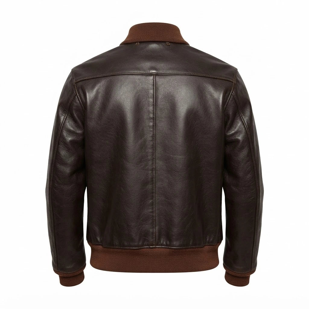 Men’s Vintage Brown A-1 Flight Leather Bomber Jacket front view featuring rich brown genuine leather, button-front closure, patch pockets, and ribbed trim