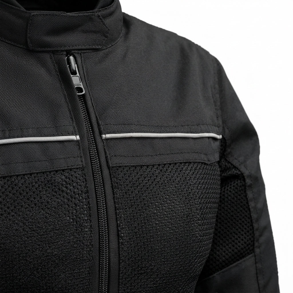 Monarch women's Cordura jacket front view showing black textile finish, breathable mesh panels, and mandarin snap collar.