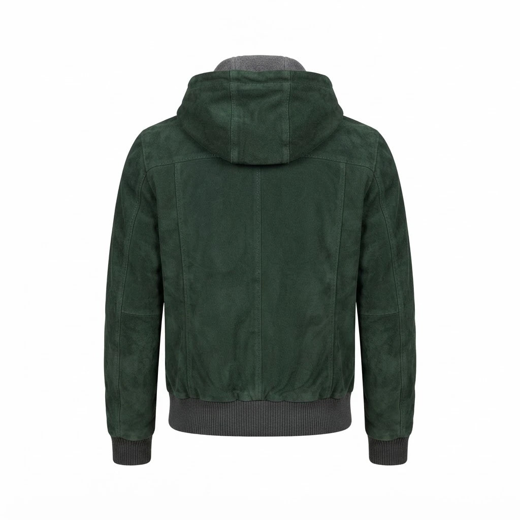 Nintenzo Green Hooded Suede Bomber Jacket front view featuring genuine green suede, attached contrast hood, full zipper, and ribbed trim
