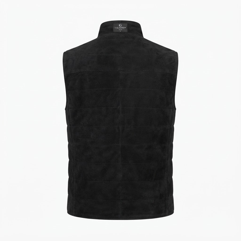 Tony Black Suede Vest front view featuring rich black genuine suede, stand collar with snaps, and button closure