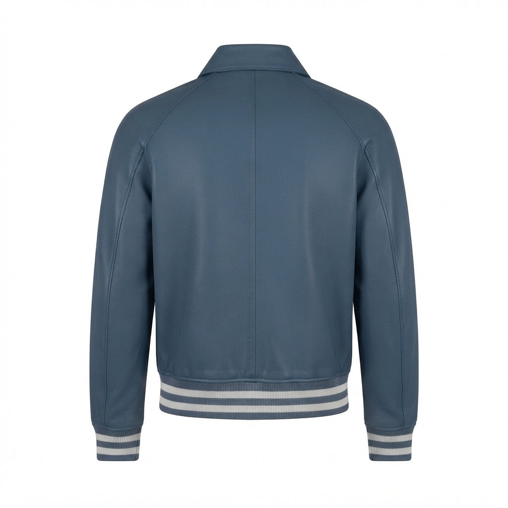 Walton Blue Leather Varsity Jacket front view with turn-down collar, full-zip front, and striped ribbing
