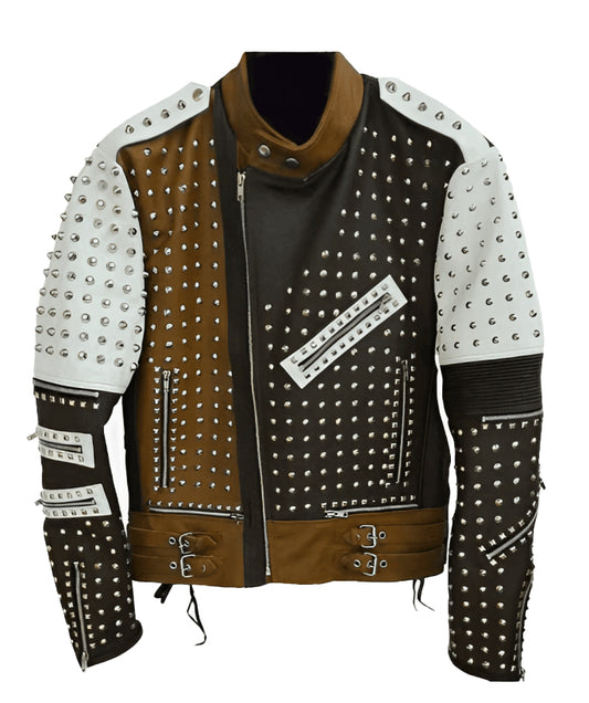 Men’s Brown & White Studded Leather Biker Jacket