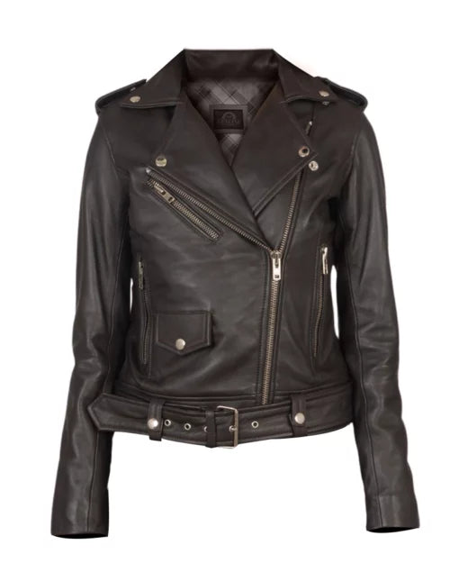 Women’s Alison Brown Leather Biker Jacket – Chic & Durable
