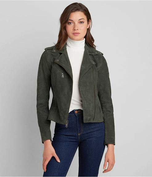 Women’s Olive Suede Leather Moto Jacket – Modern Moto Chic